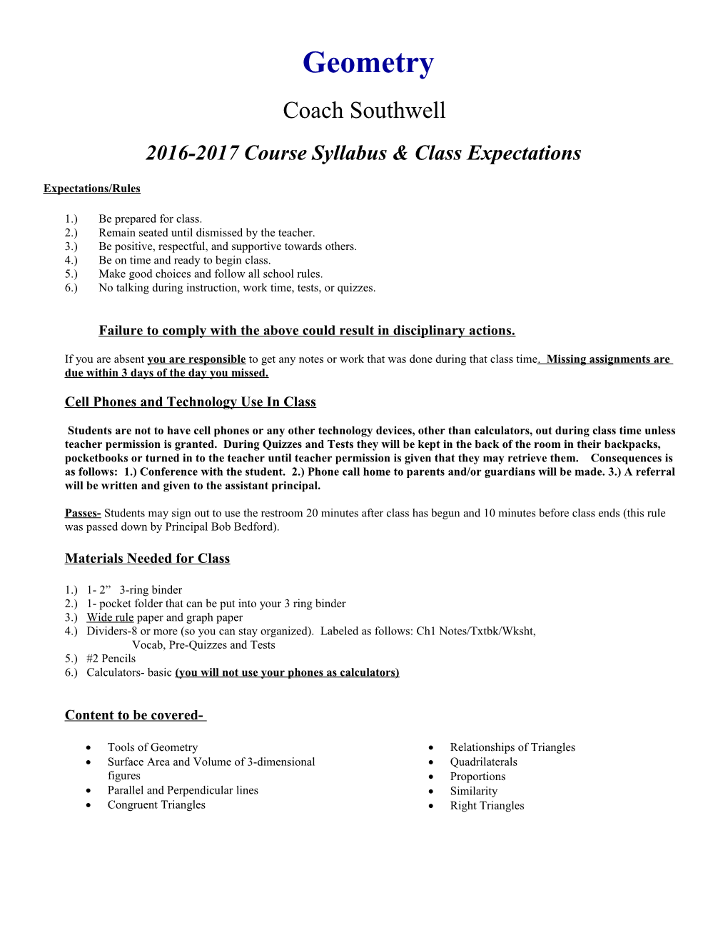 2016-2017 Course Syllabus & Class Expectations