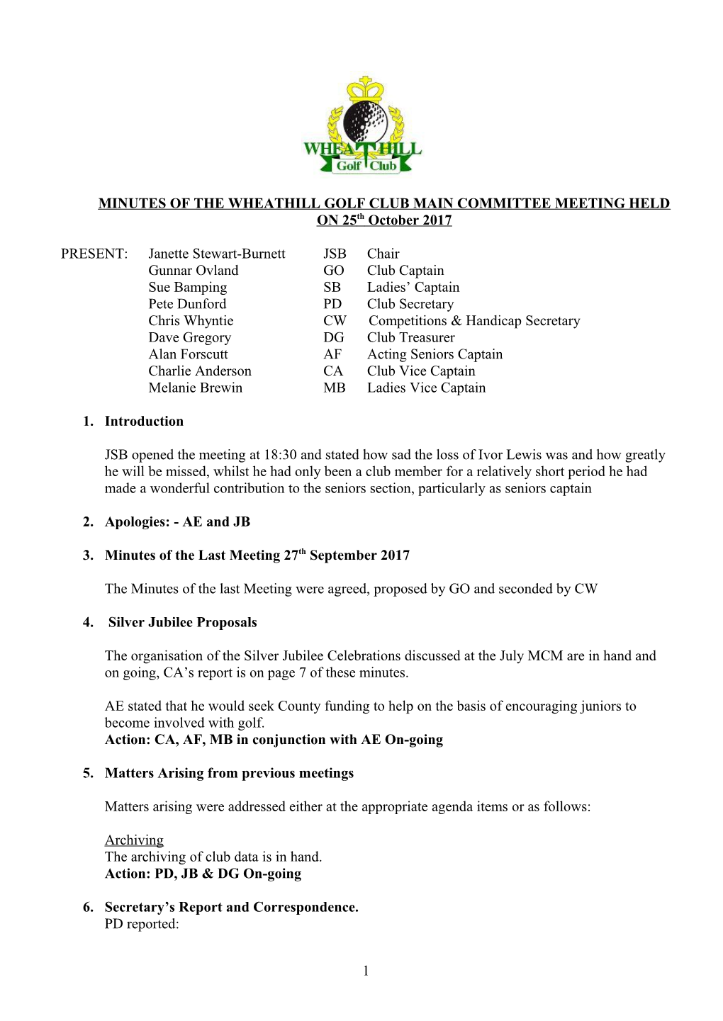 Minutes of the Wheathill Golf Club Playing Committee 13 Feb 13
