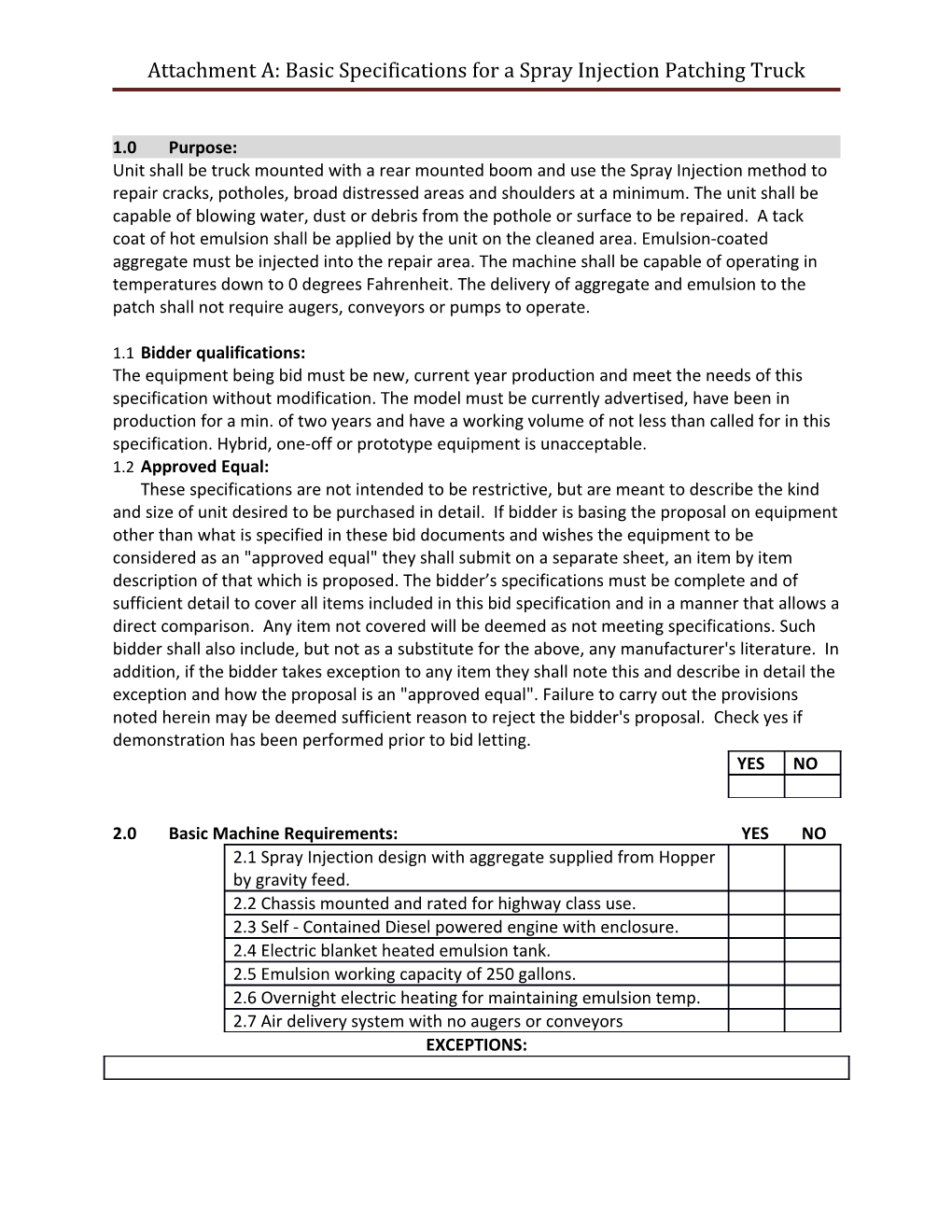 Attachment A: Basic Specifications for a Spray Injection Patching Truck