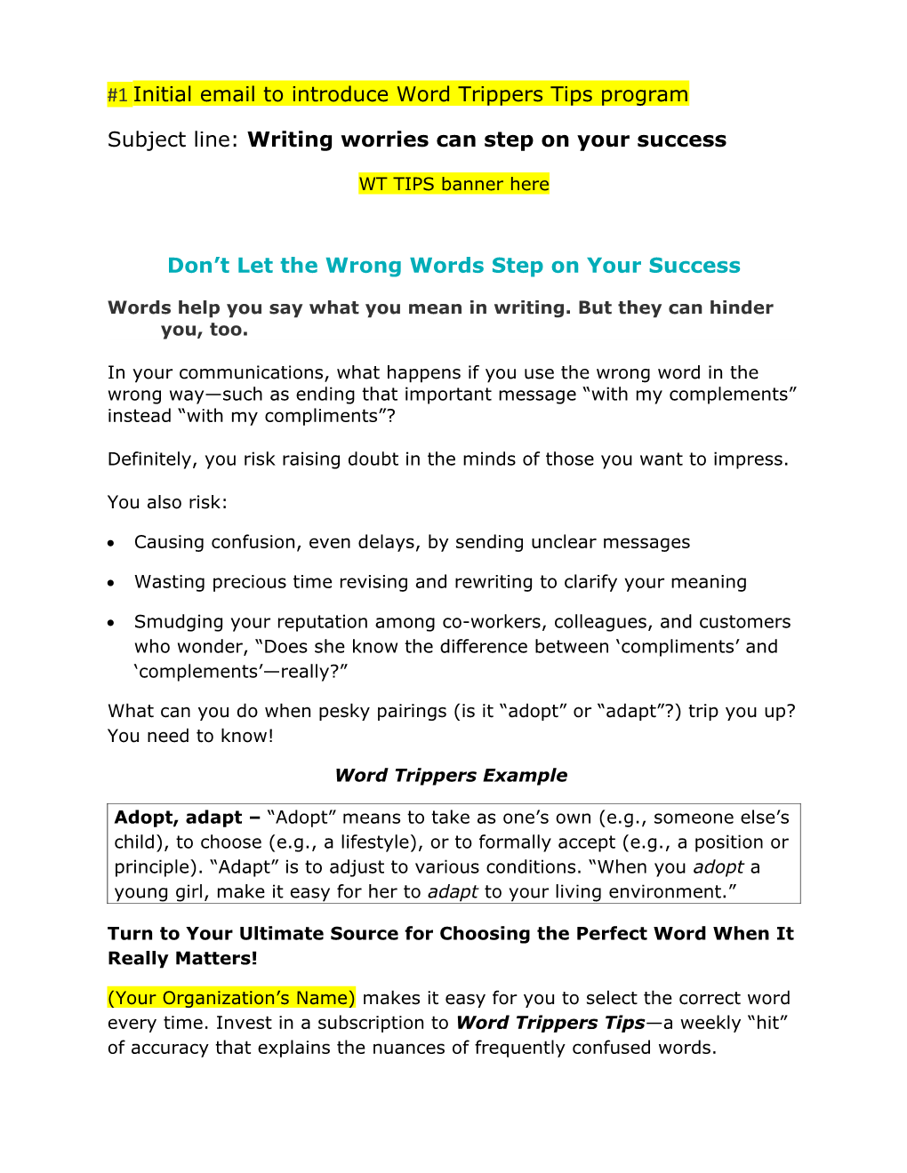 1 Initial Email to Introduce Word Trippers Tips Program