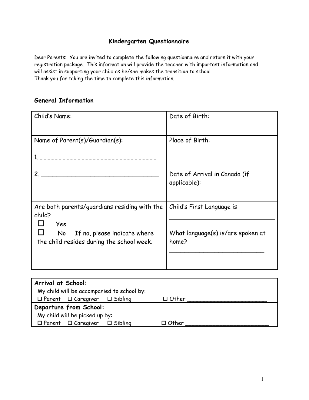 Kindergarten Parent Questionnaire