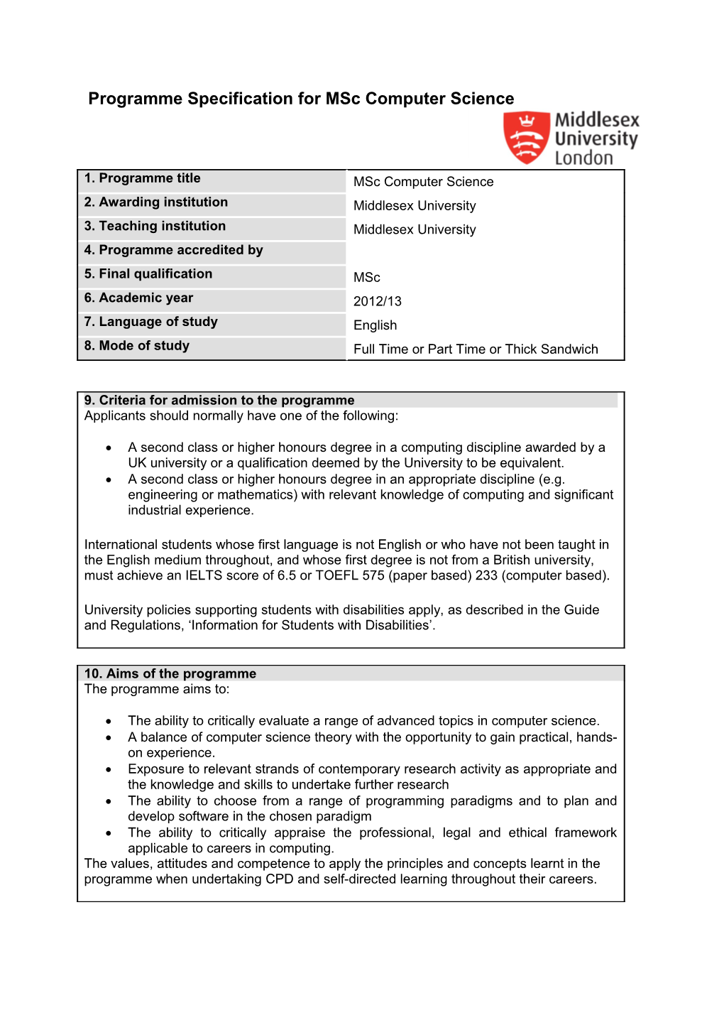 Programme Specification for Msc Computer Science