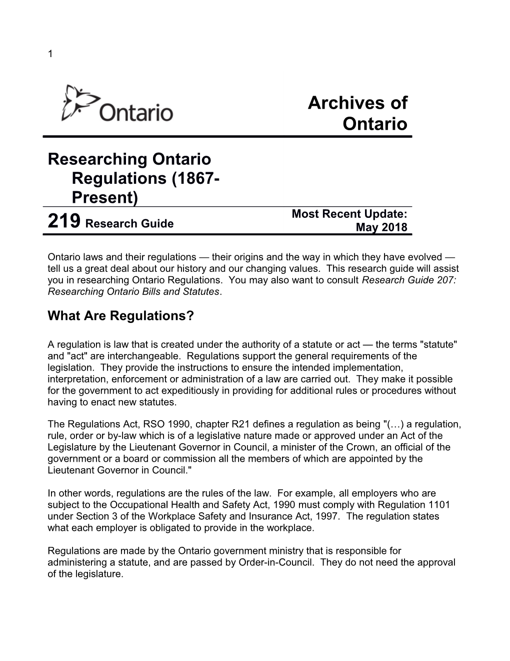 Researching Ontario Regulations 1867 to the Present