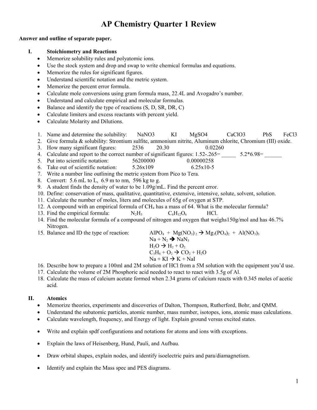 AP Chemistry Midterm Review