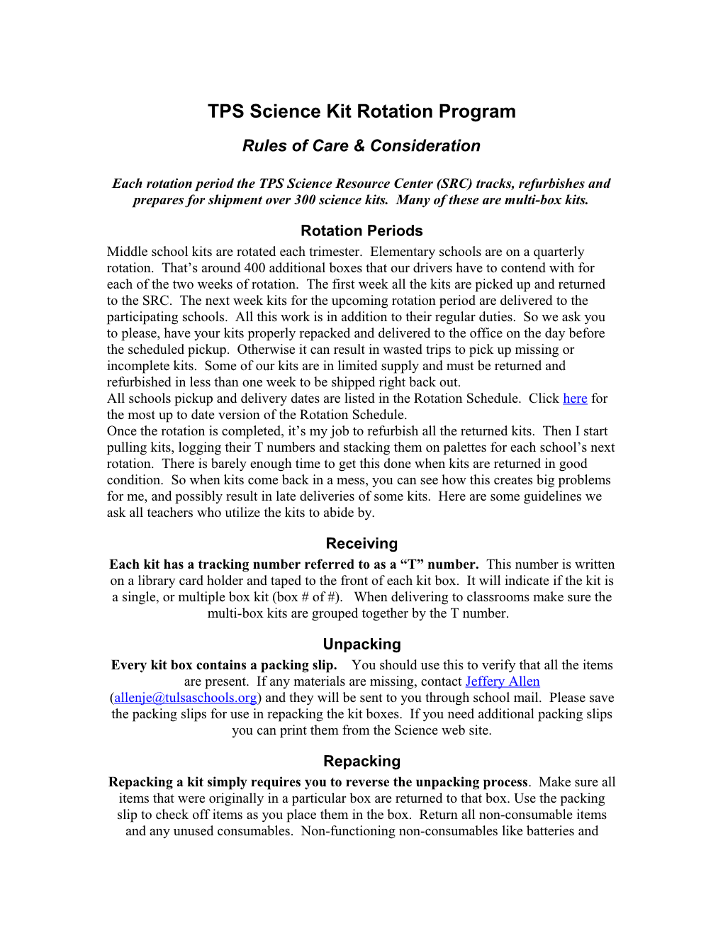 TPS Science Kit Rotation Program