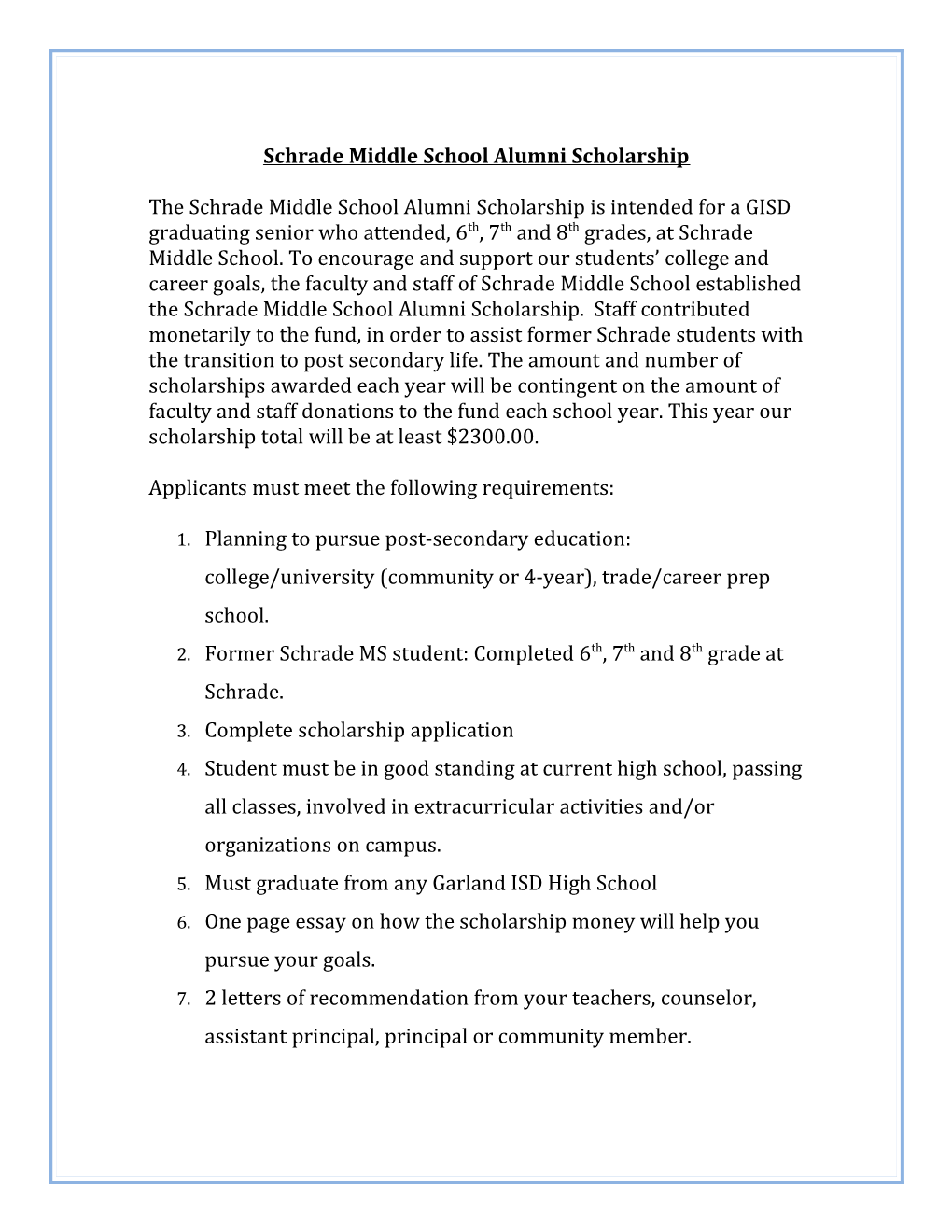Schrade Middle School Alumni Scholarship