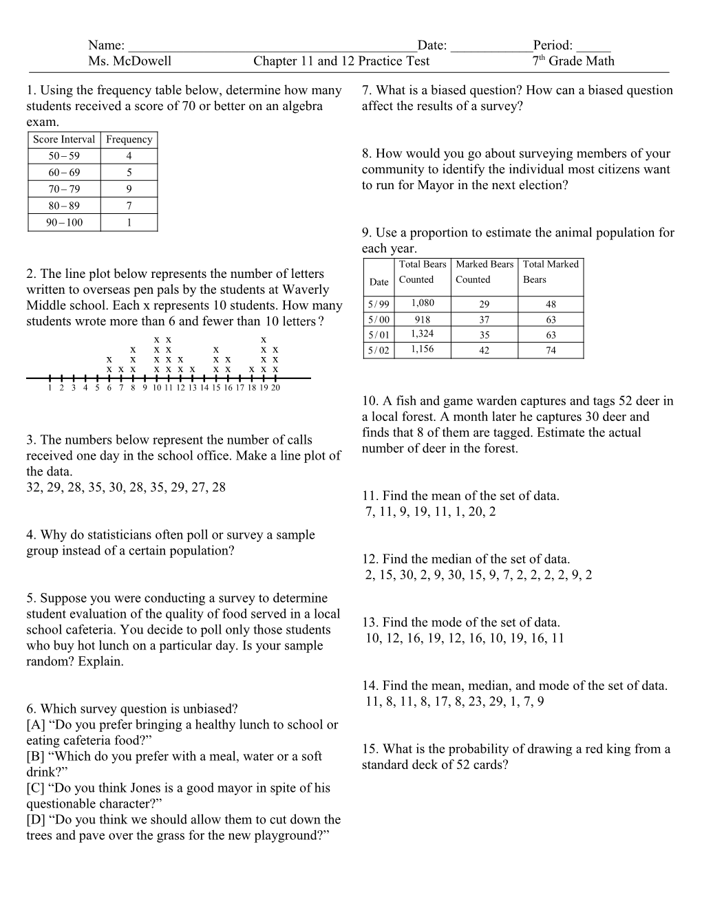 Ms. Mcdowellchapter 11 and 12 Practice Test 7Th Grade Math