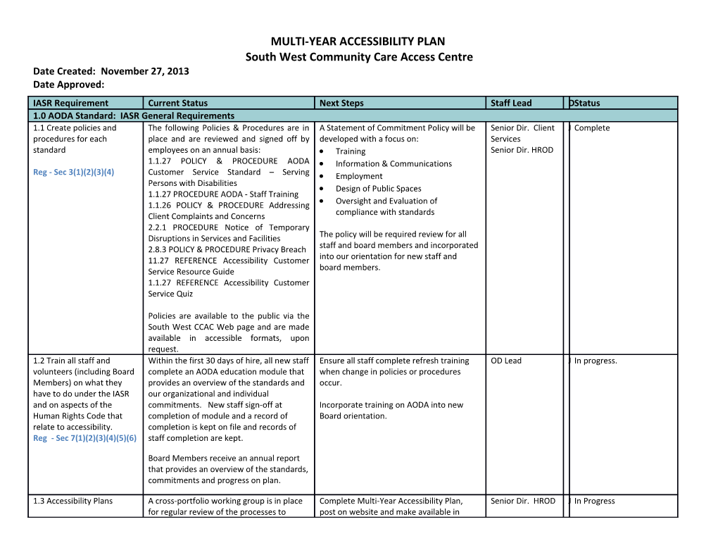South West CCAC Multi-Year Accessibility Plan