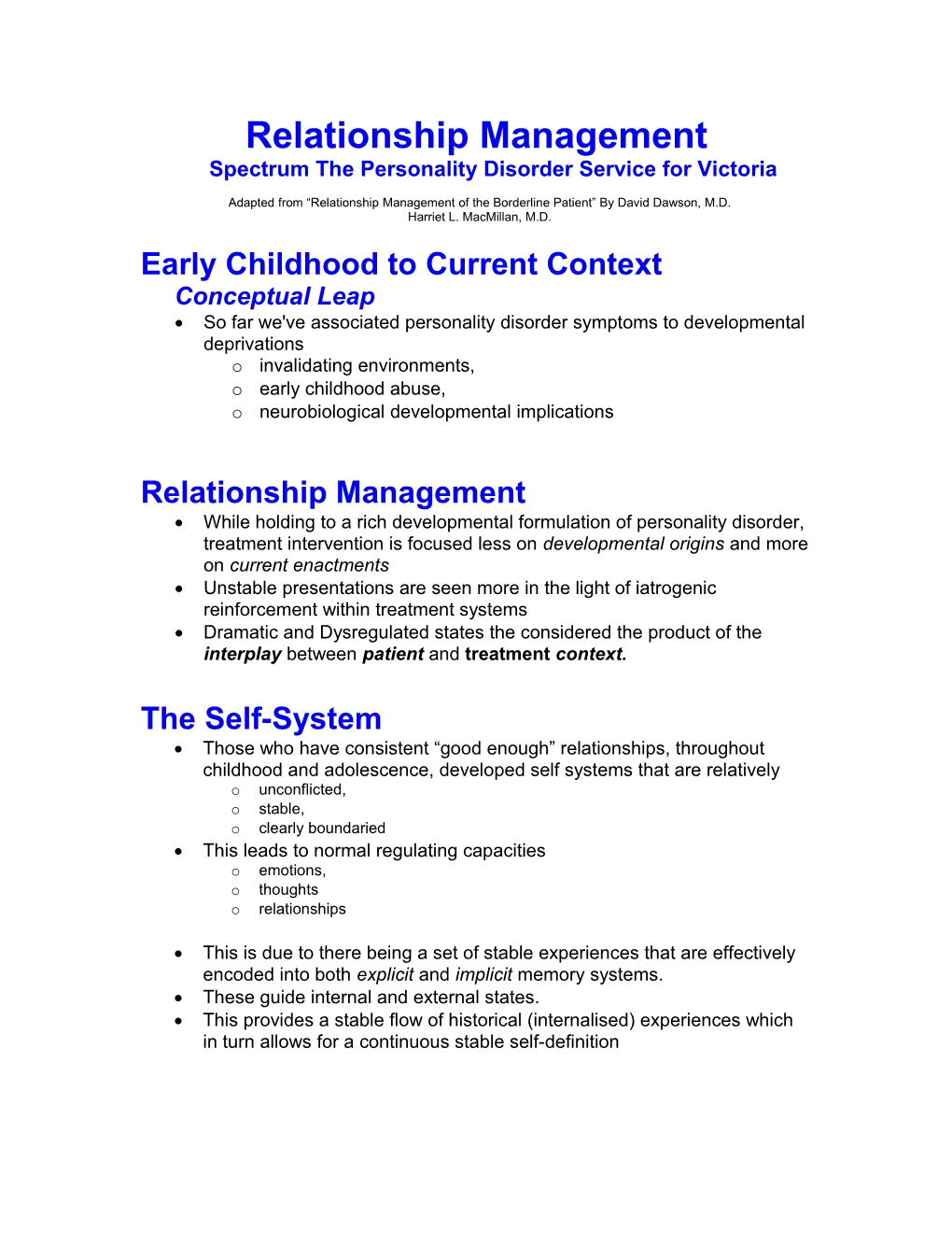 Relationship Managementspectrum the Personality Disorder Service for Victoria