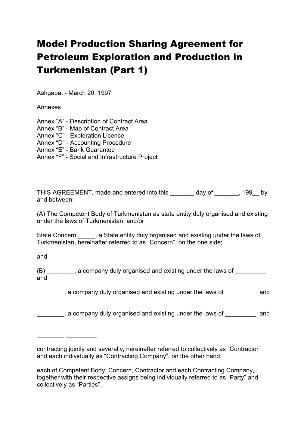 Model Production Sharing Agreement for Petroleum Exploration and Production in Turkmenistan