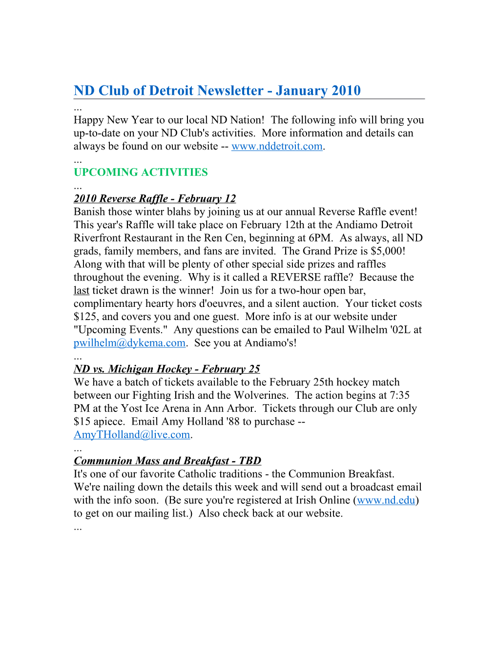 ND Club of Detroit Newsletter - January 2010