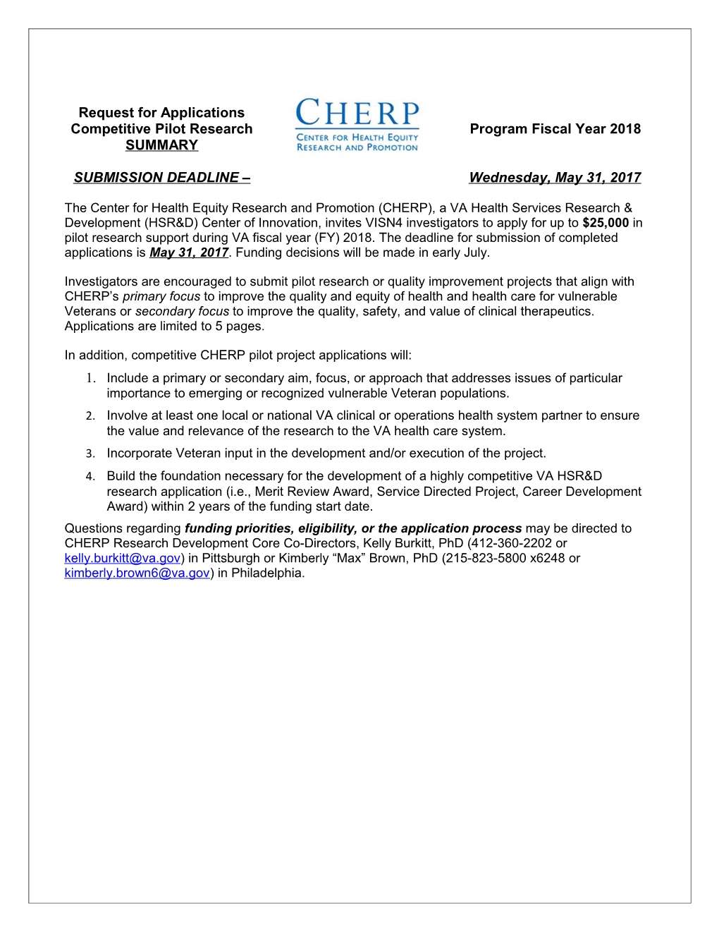 Competitive Pilot Research Program Fiscal Year 2018