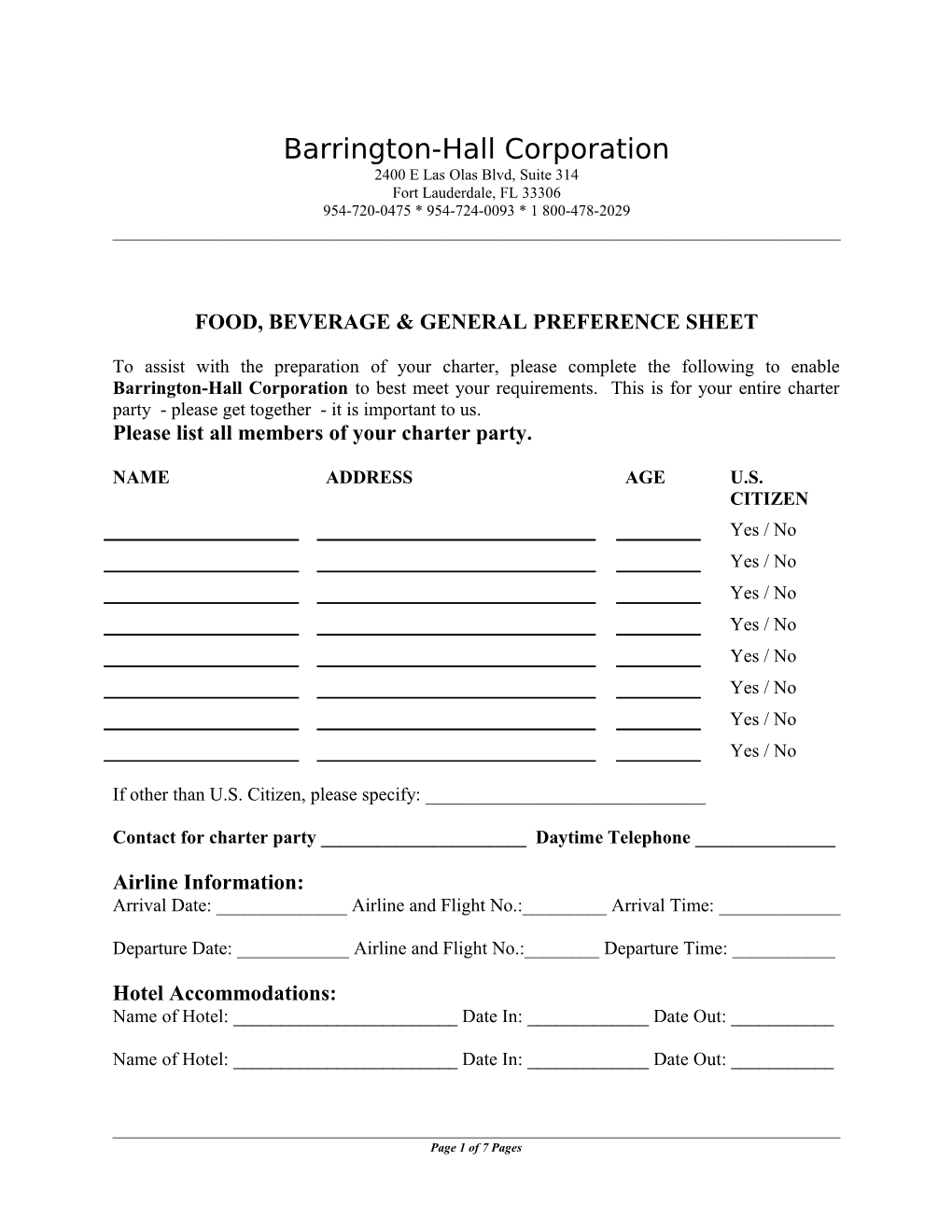 Food & Beverage Preference Sheet