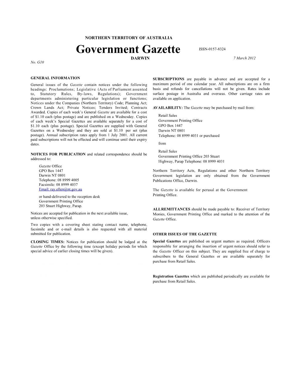 Governmentgazette ISSN-0157-8324