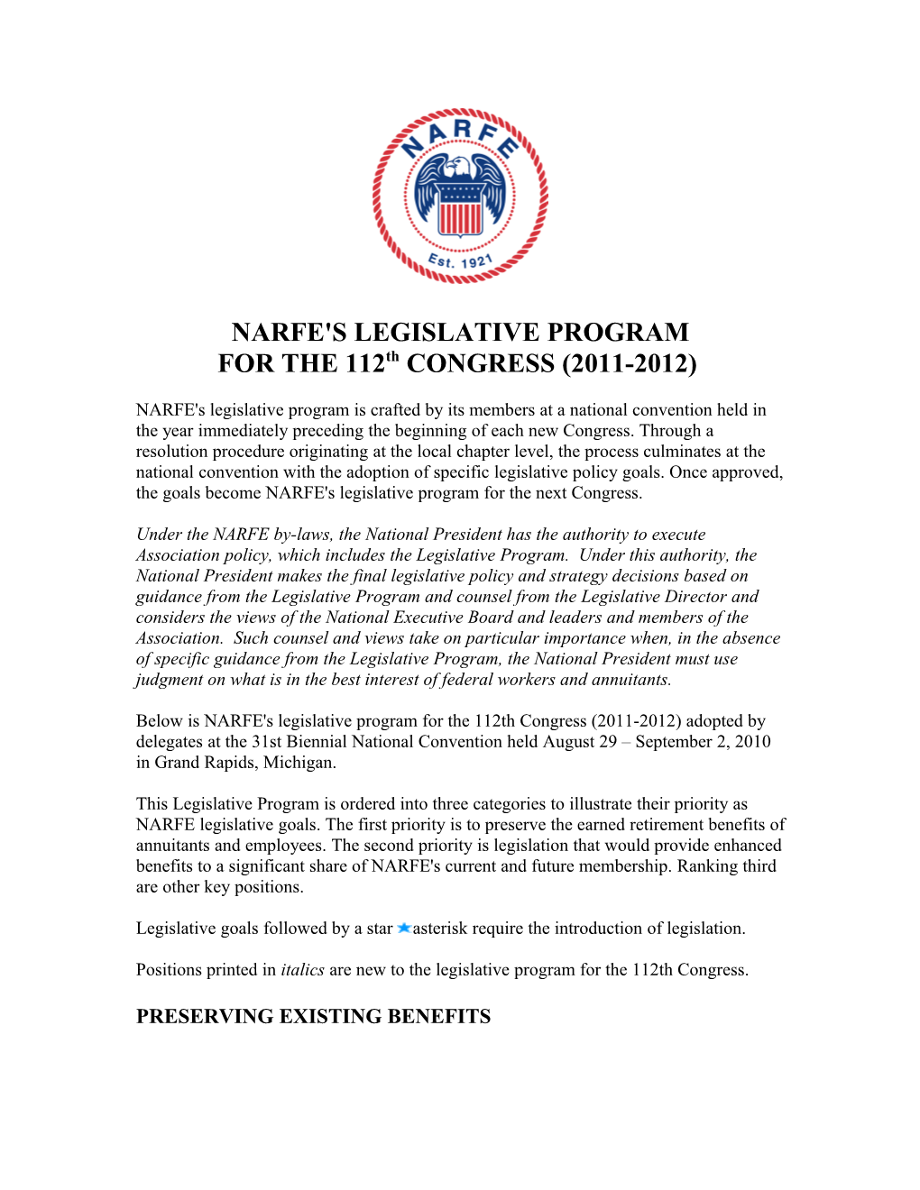 Narfe's Legislative Program