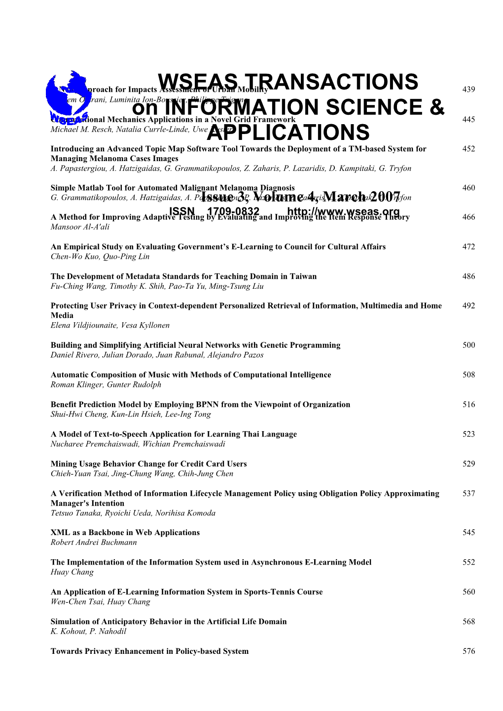 WSEAS Trans. on INFORMATION SCIENCE & APPLICATIONS, March 2007