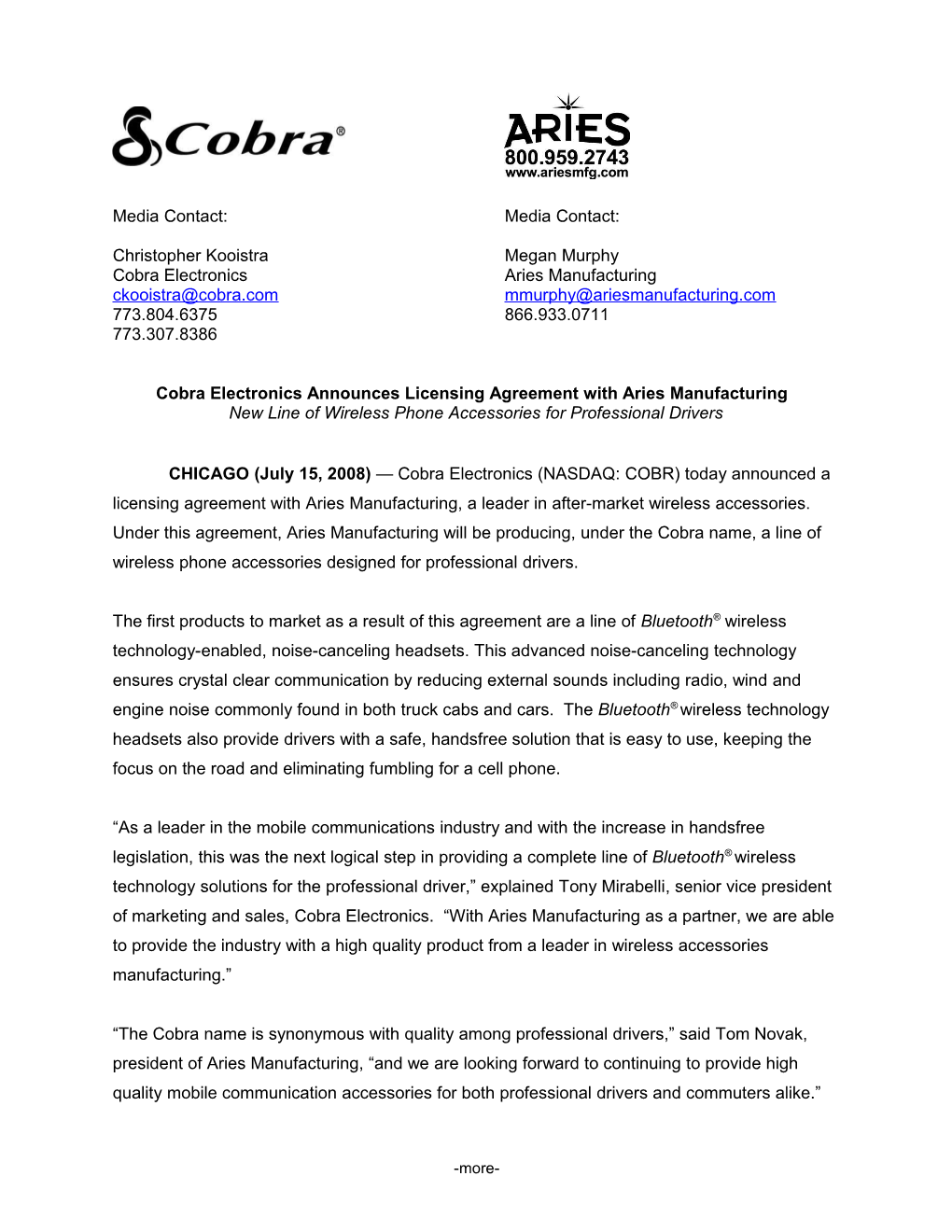 Cobra Electronics License Agreement News Release
