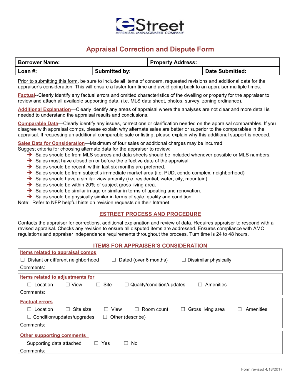 Appraisal Correction and Dispute Form
