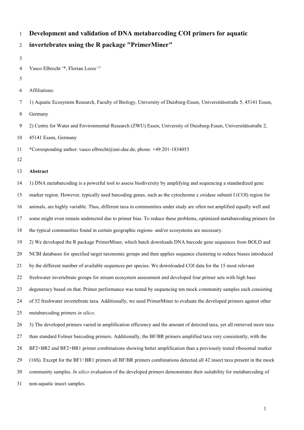 Development and Validation of DNA Metabarcoding COI Primers for Aquatic Invertebrates