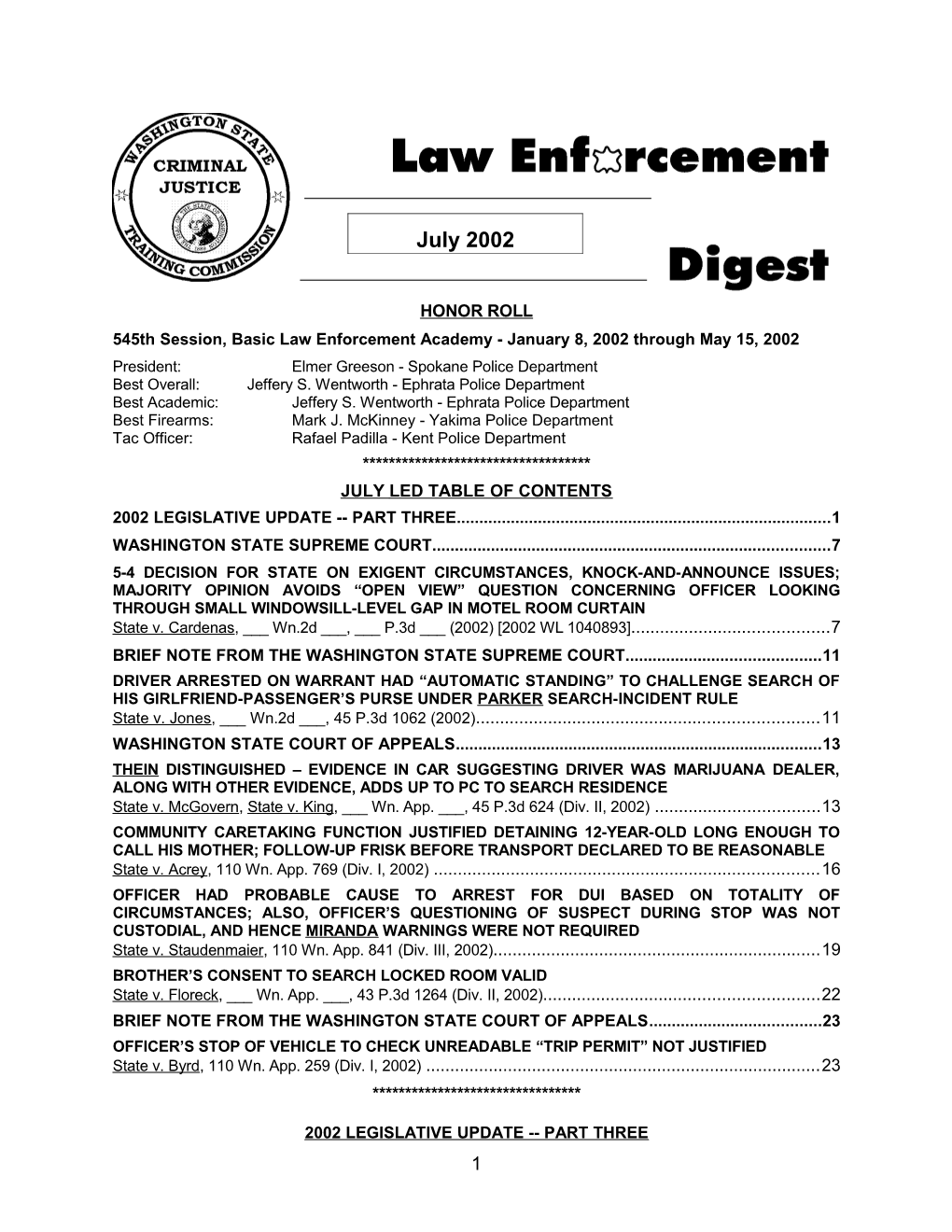 545Th Session, Basic Law Enforcement Academy - January 8, 2002 Through May 15, 2002