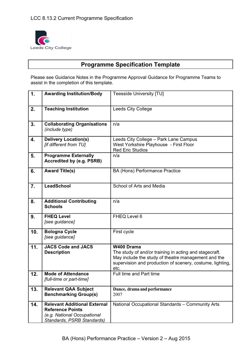 LCC 8.13.2 Current Programme Specification