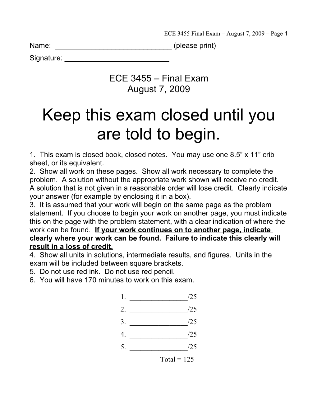 ECE 3455 Final Exam August 7, 2009 Page 1