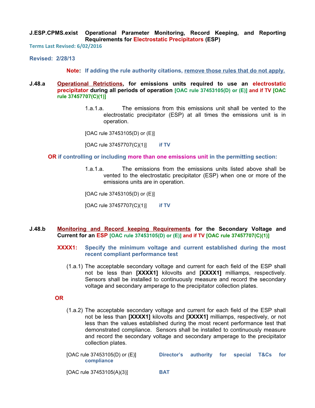 J.ESP.CPMS.Existoperational Parameter Monitoring, Record Keeping, and Reporting Requirements