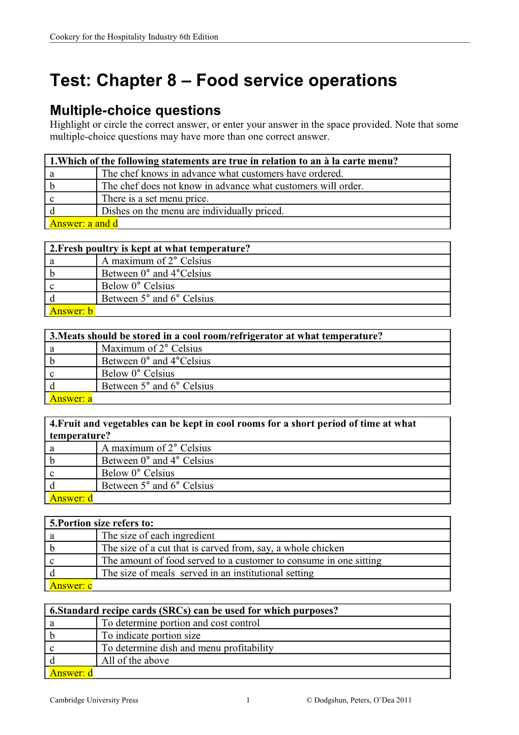 Test: Chapter 8 Food Service Operations