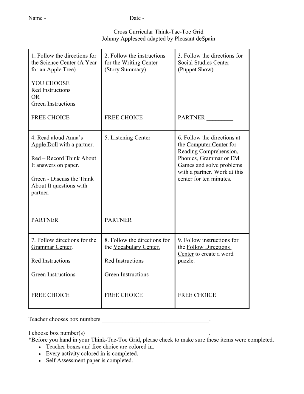 Cross Curricular Think-Tac-Toe Grid