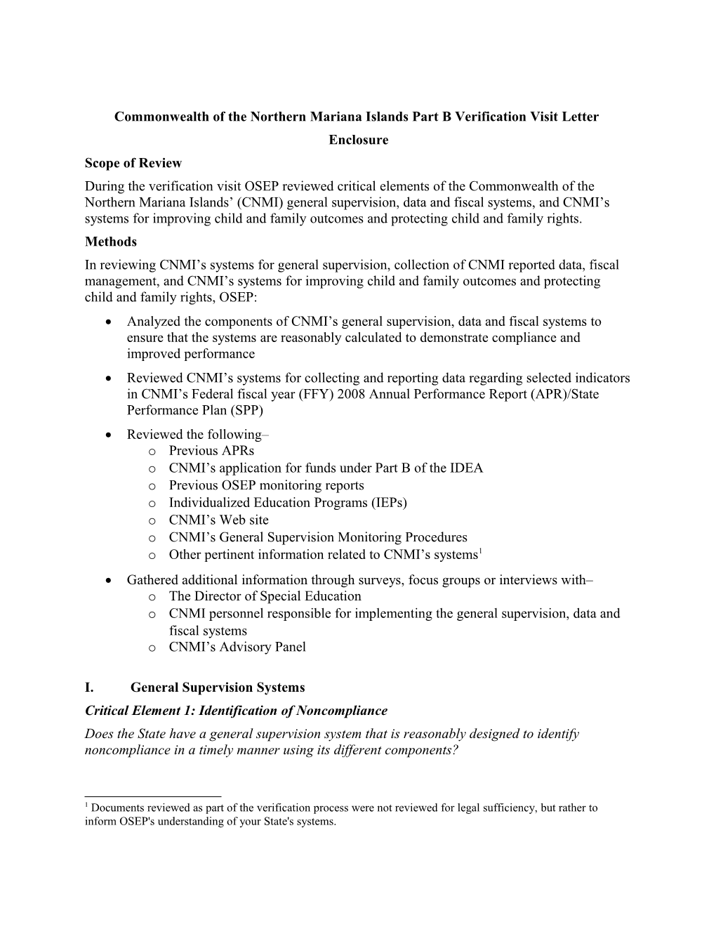 Commonwealth of the Northern Mariana Islands Part B 2010 Verification Visit Enclosure