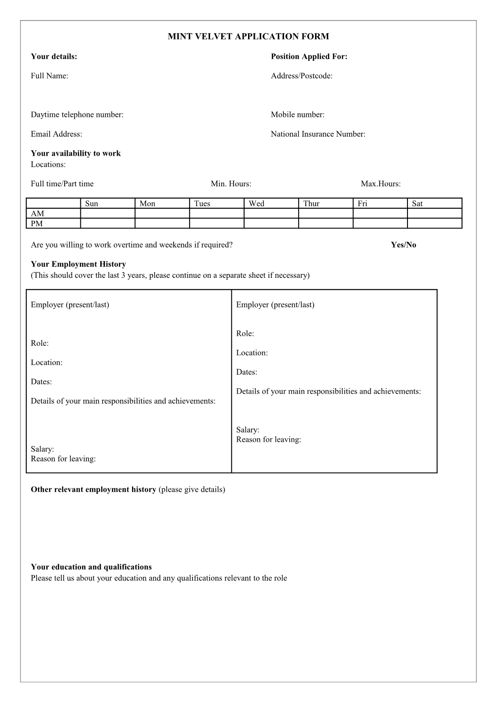 Mint Velvet Application Form