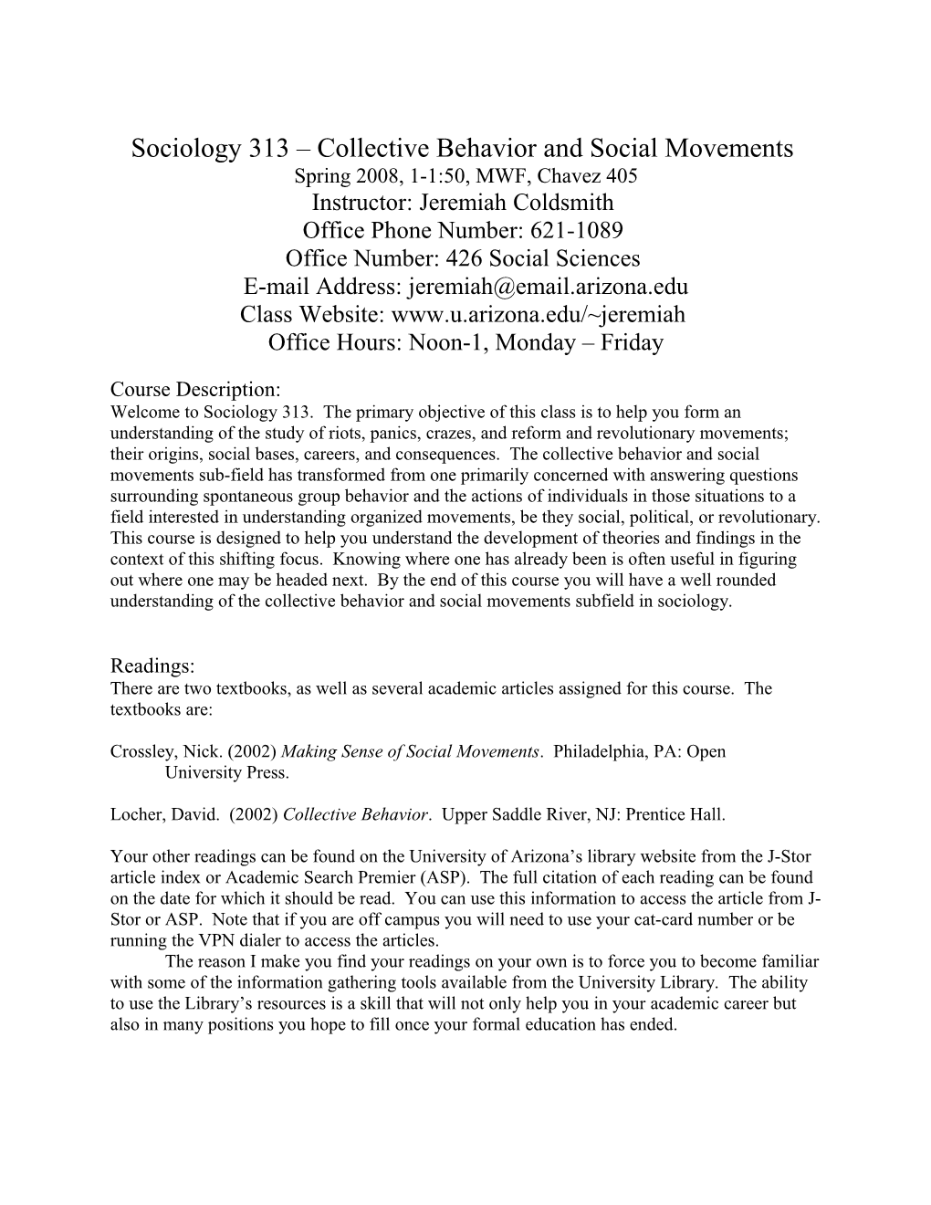 Sociology 313 Collective Behavior and Social Movements