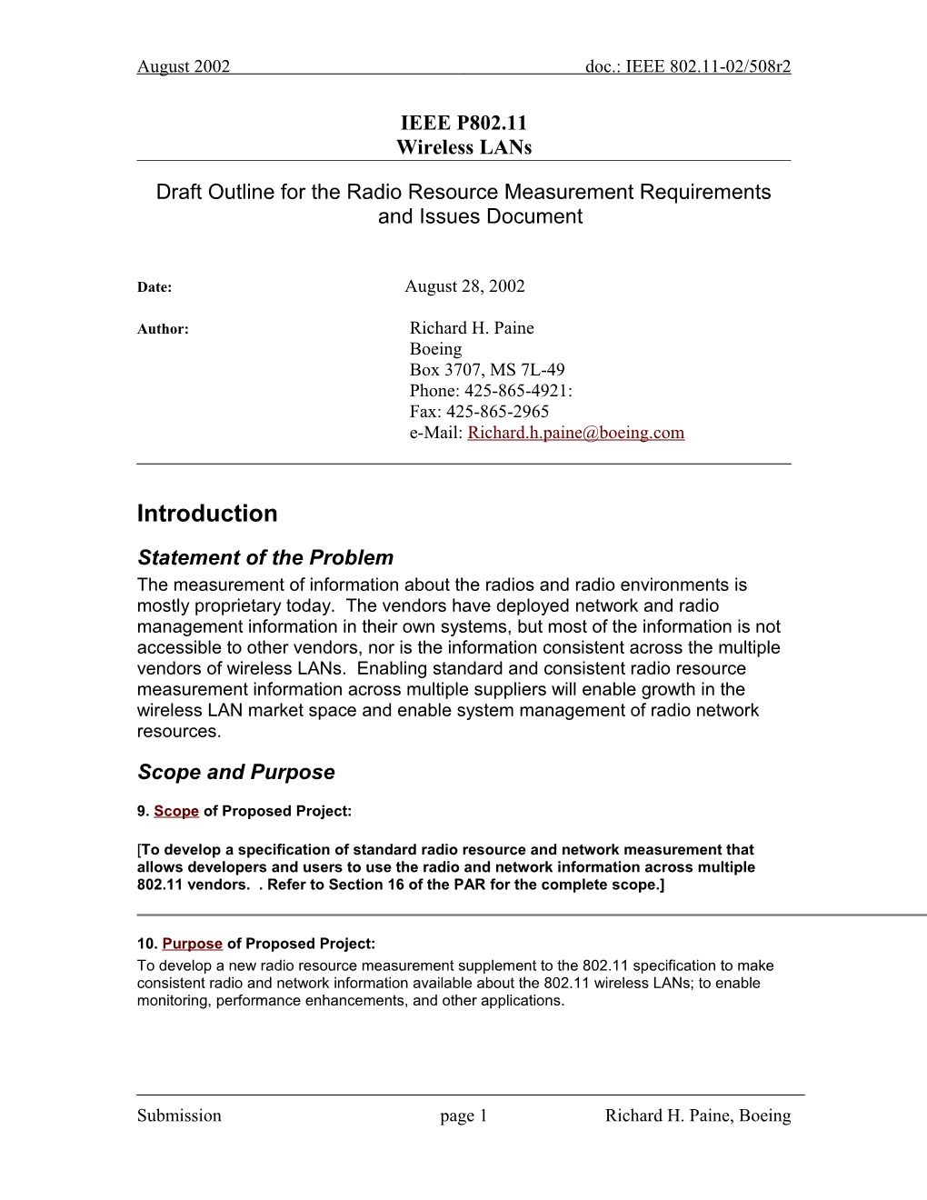 Draft Outline for the Radio Resource Measurement Requirements and Issues Document