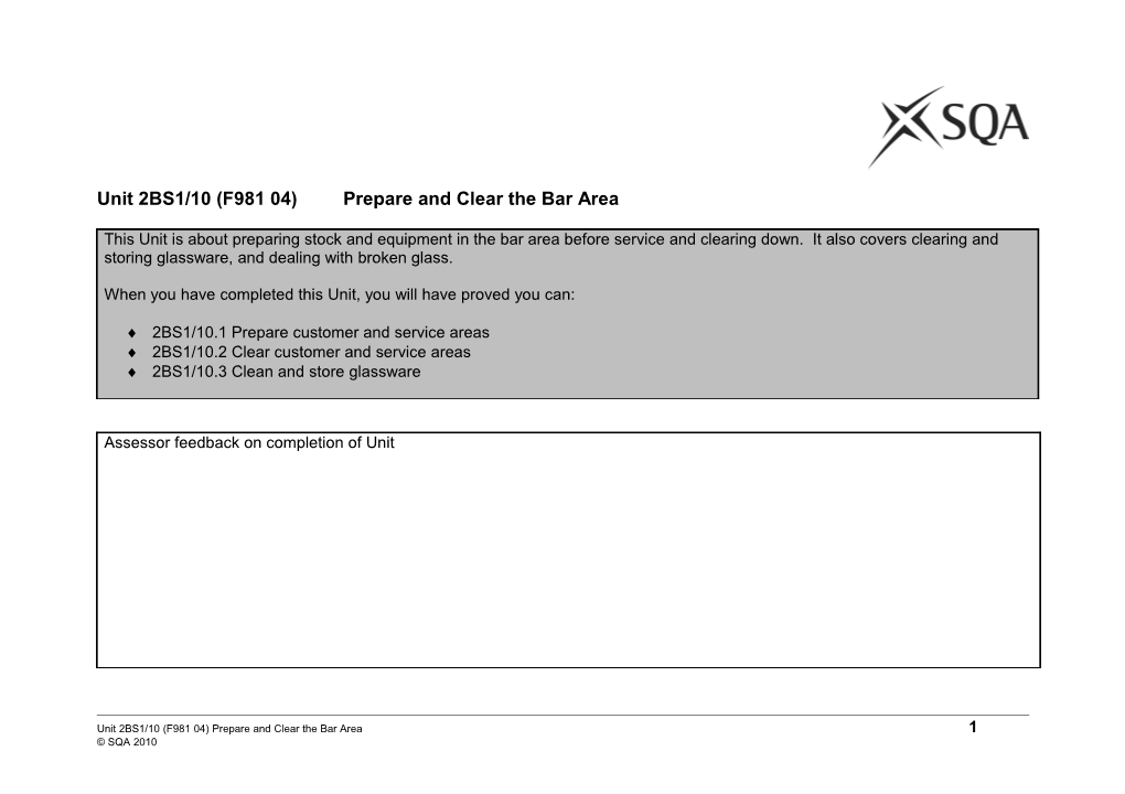 Unit 2BS1/10 (F981 04)Prepare and Clear the Bar Area