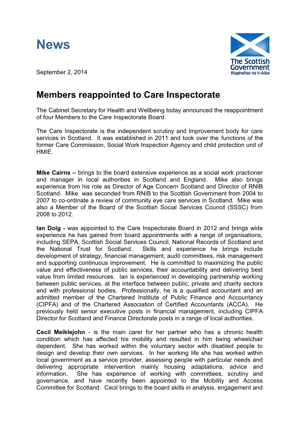 Members Reappointed to Care Inspectorate