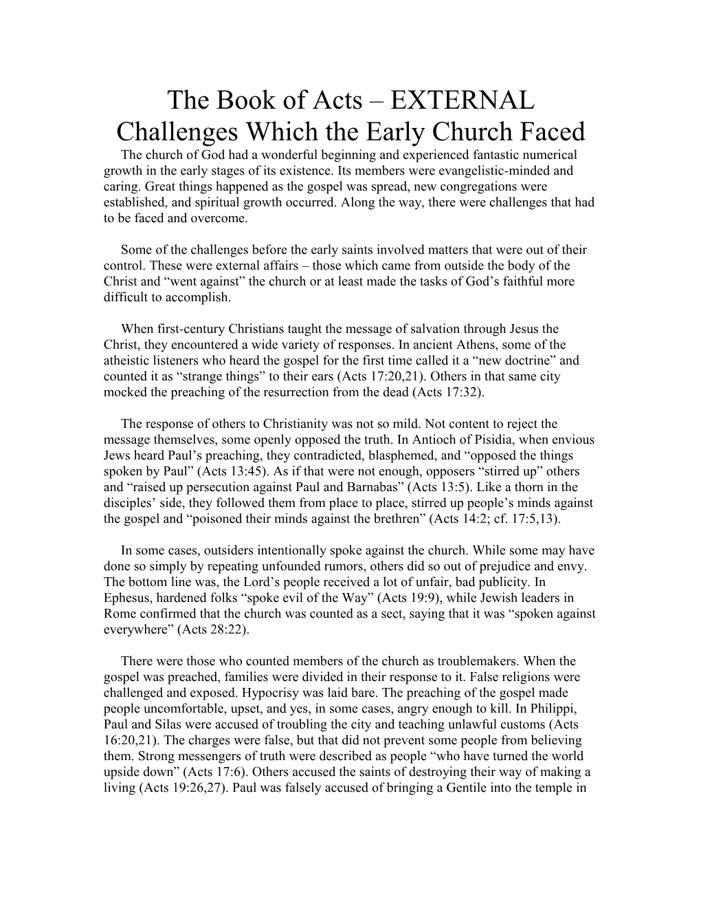 The Book of Acts EXTERNAL Challenges Which the Early Church Faced