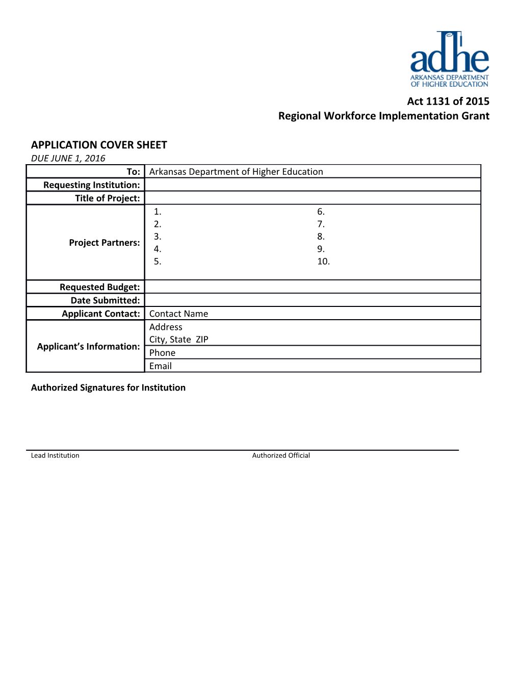 Act 1131 of 2015 Regional Workforce Implementation Grant