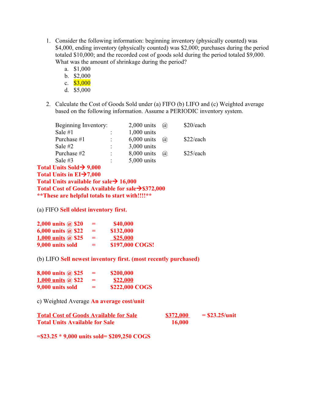 Beginning Inventory:2,000 Units $20/Each