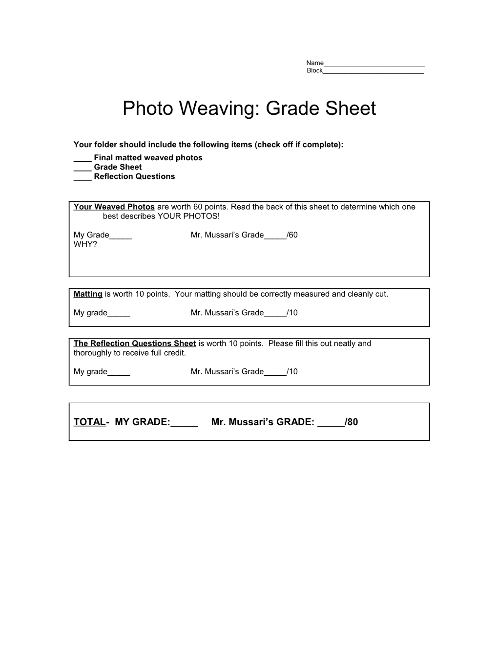 Photo Weaving: Grade Sheet