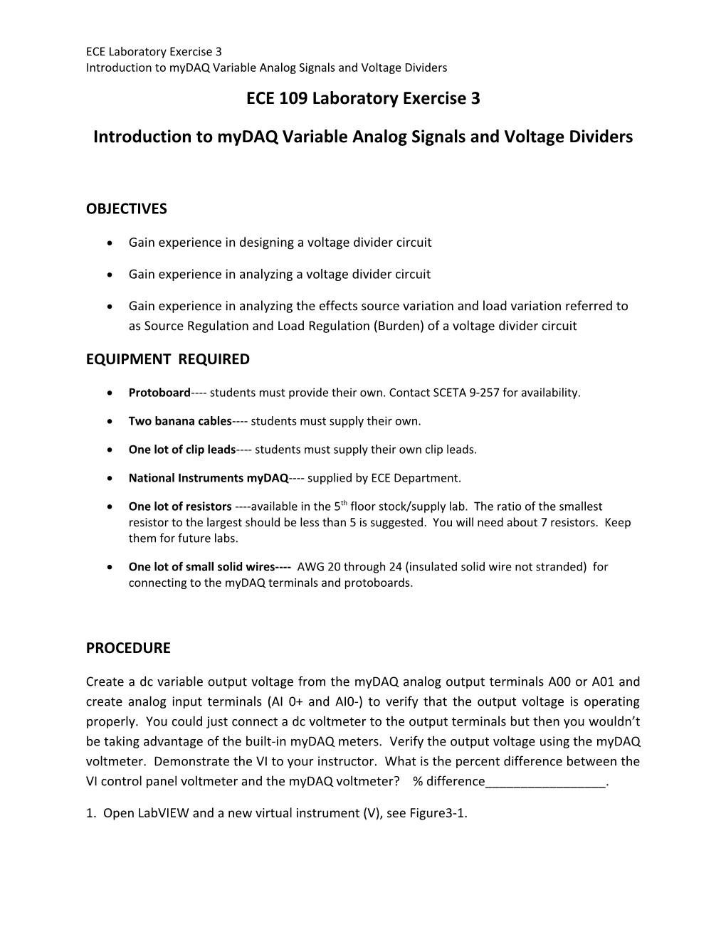 Introduction to Mydaq Variable Analog Signals and Voltage Dividers