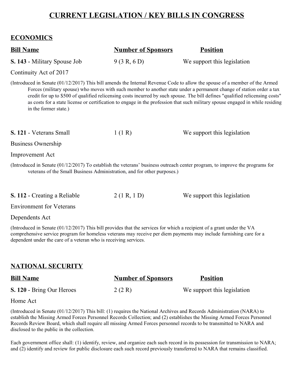 Current Legislation / Key Bills in Congress