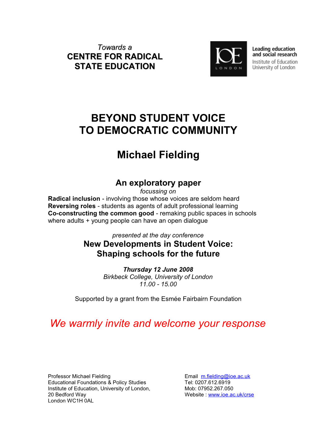 Beyond Student Voice to Democratic Community