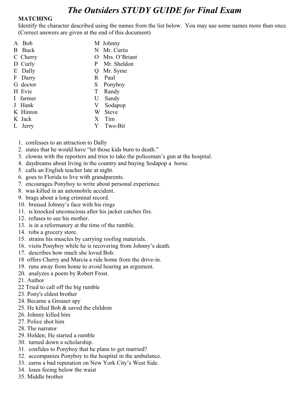 MULTIPLE CHOICE UNIT TEST 2 - the Outsiders