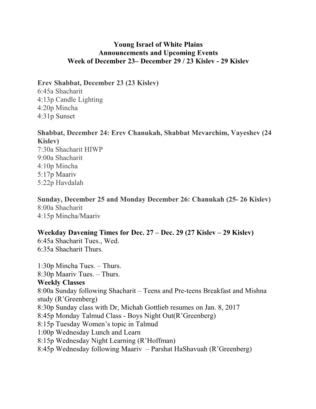 Young Israel of White Plains Announcementsand Upcoming Events Week Ofdecember 23 December