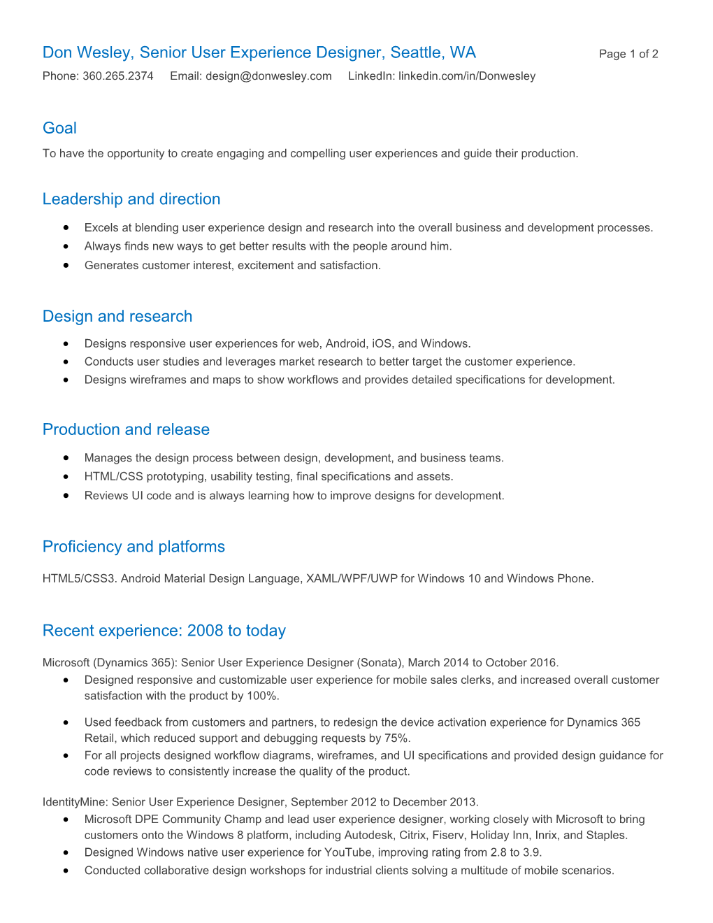 Don Wesley, Senioruser Experience Designer, Seattle, WA Page 1 of 2