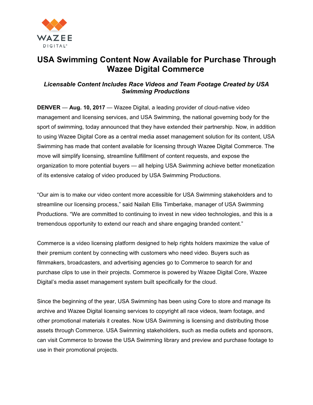 USA Swimming Content Now Available for Purchase Through Wazee Digital Commerce