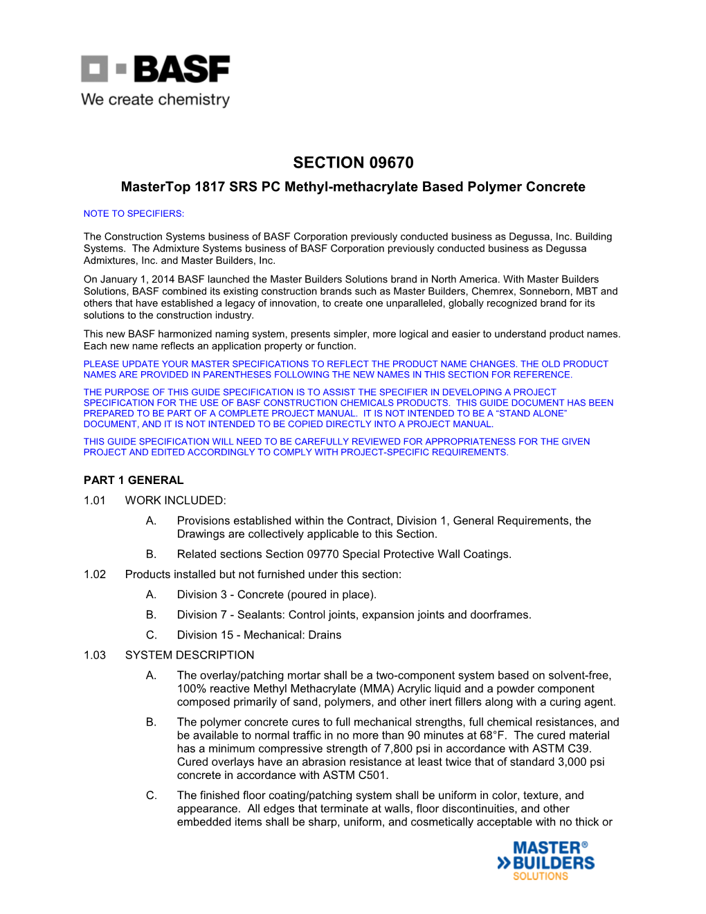 Mastertop 1817 SRS PC Methyl-Methacrylate Based Polymer Concrete