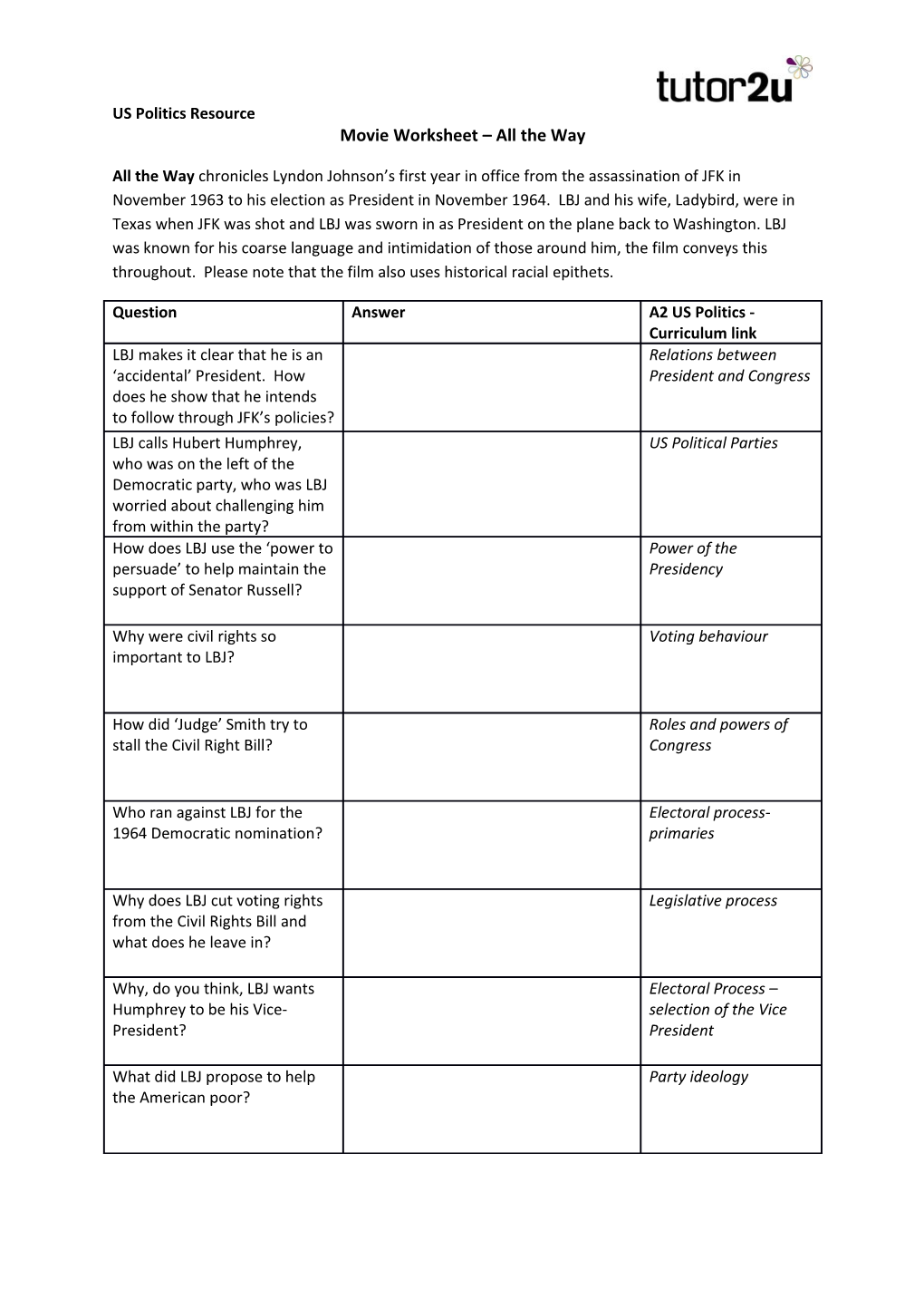 Movie Worksheet All the Way