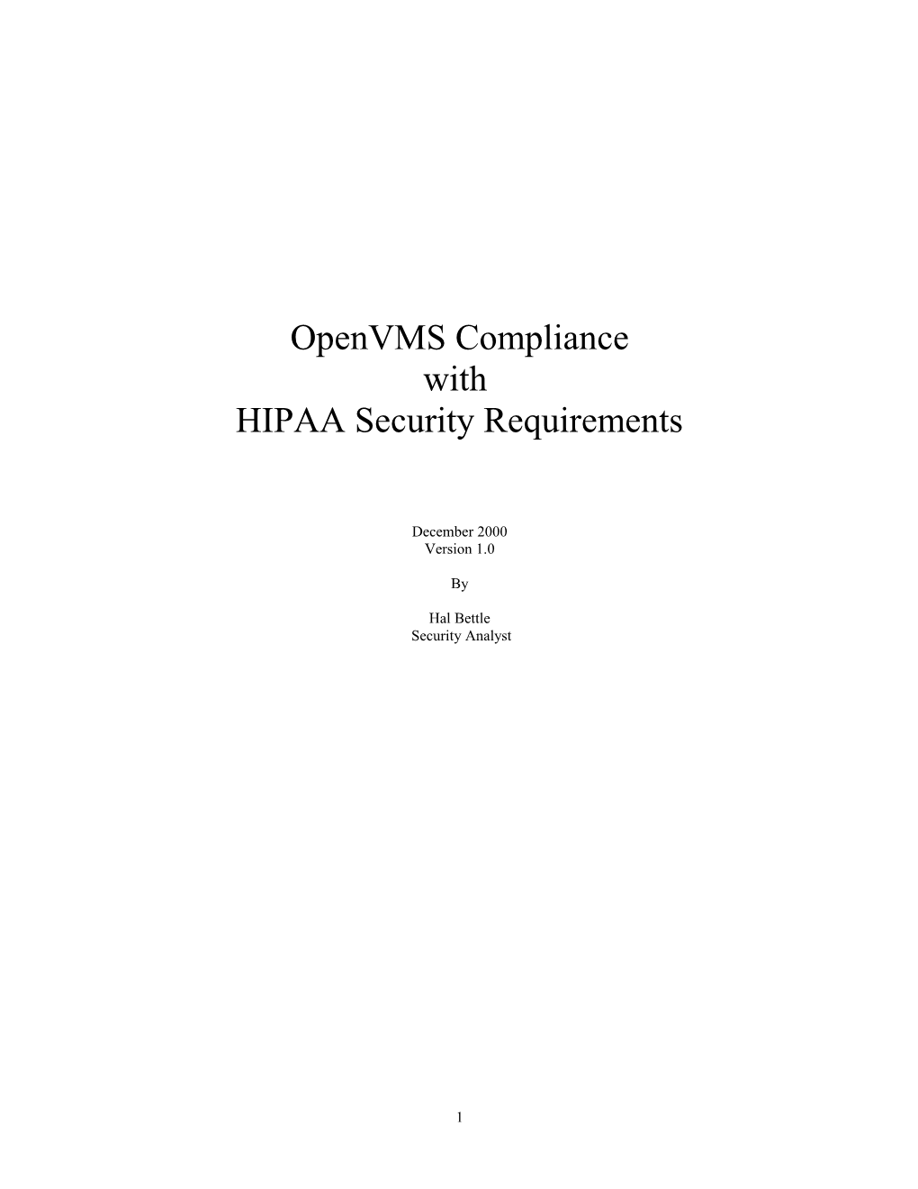 Openvms Compliance with HIPAA Security Requirements