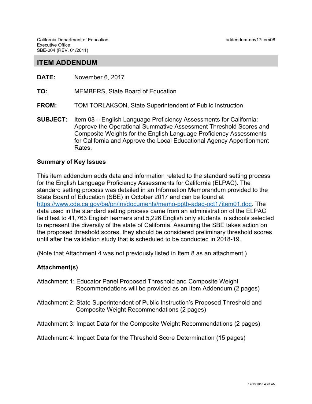 November 2017 Agenda Item 08 Addendum - Meeting Agendas (CA State Board of Education)